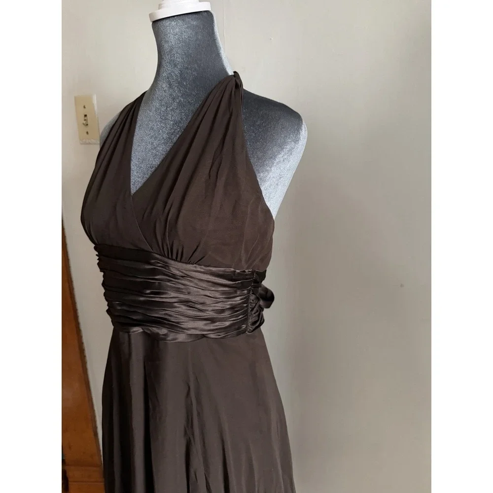 Y2K Silk Chocolate Brown Halter‎ Midi Dress Carry Bradshaw Backless Romantic 8